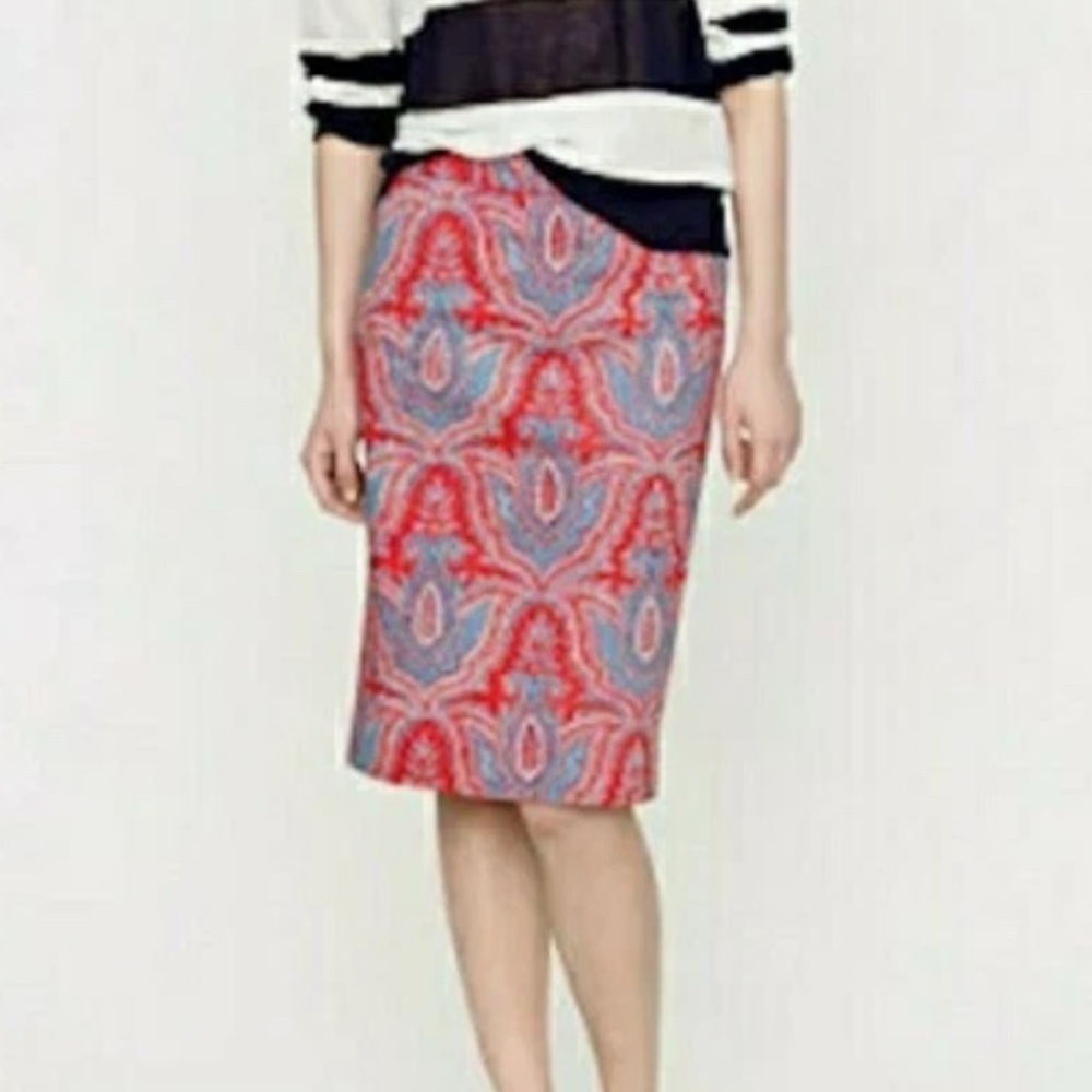 J. Crew No 2 Pencil Skirt Paisley Red Blue Cotton Lined | Size 0P